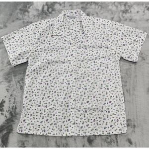 Vintage Bobbie Brooks Top Womens L White Birdhouse Print Button Up Short Sleeve